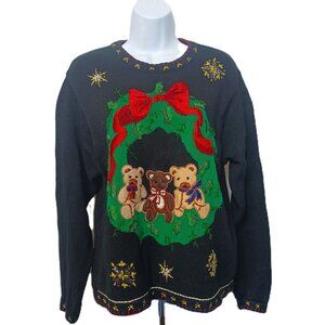 Vintage B.P. Design Christmas Sweater With Teddy Bear Wreath Embroidery XL Cotto